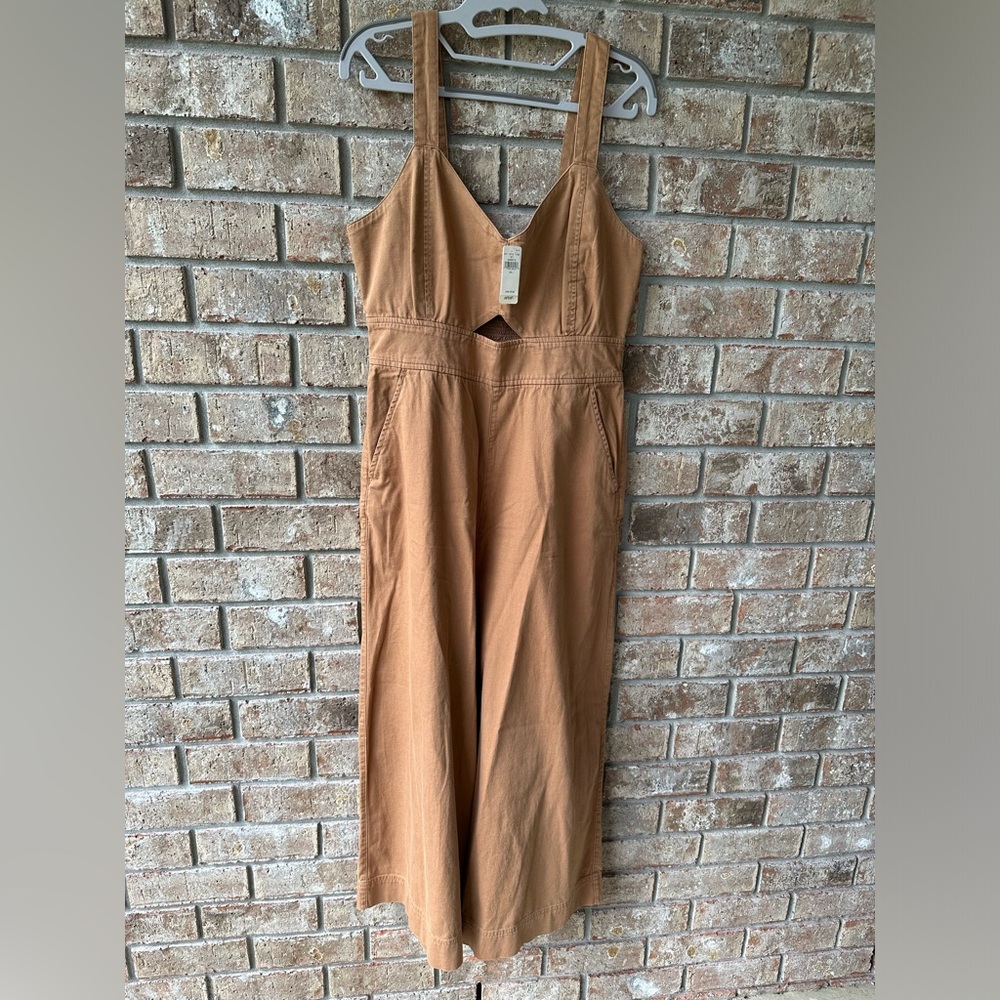 Aerie Twill Cutout Wide Leg Jumpsuit Women’s large L brown Bib Smocked Cropped